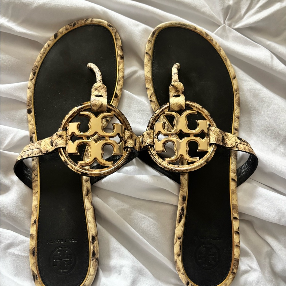 Tory Burch Black and Tan Sandals with Iconic Logo